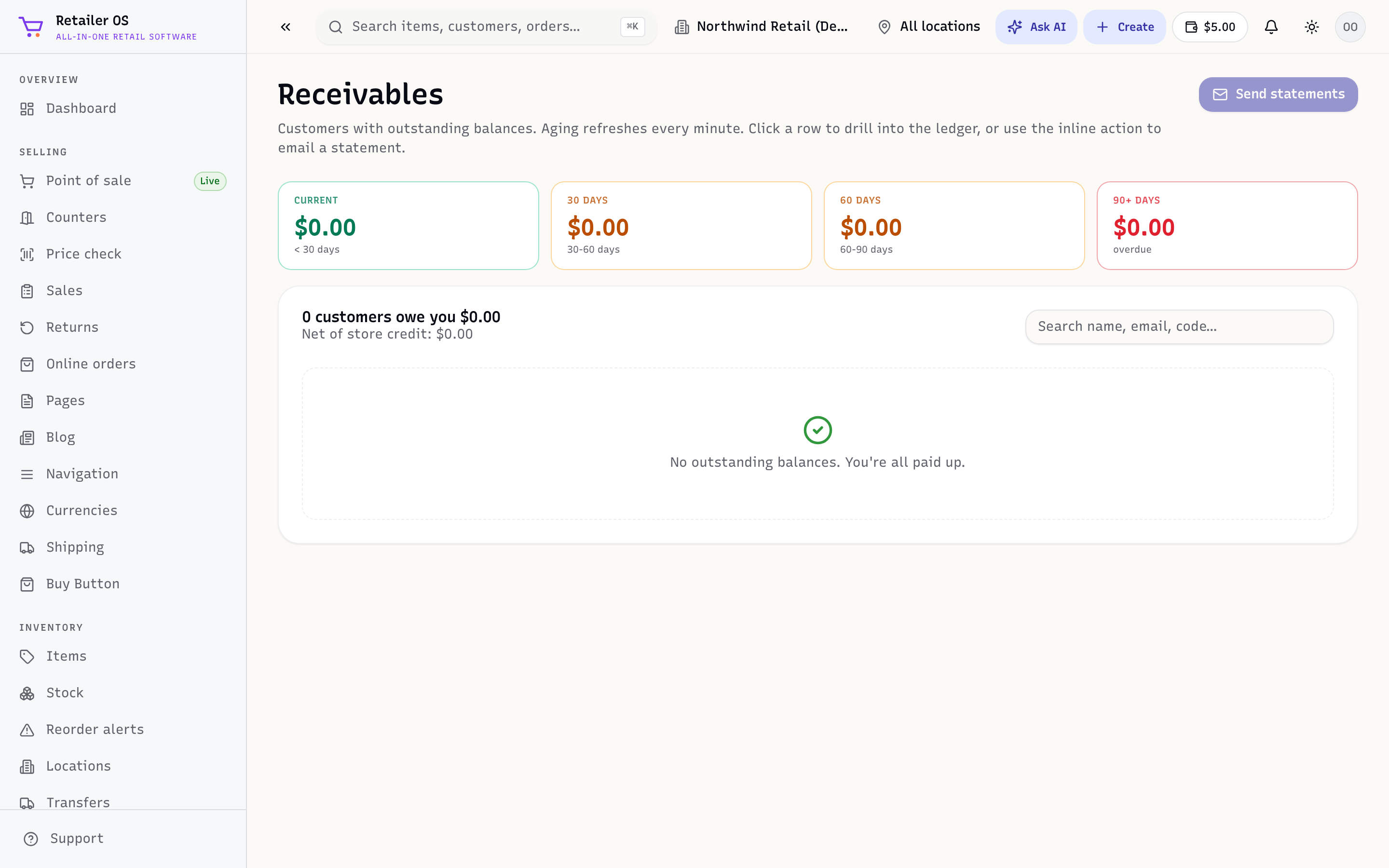 The Receivables screen with balances and aging