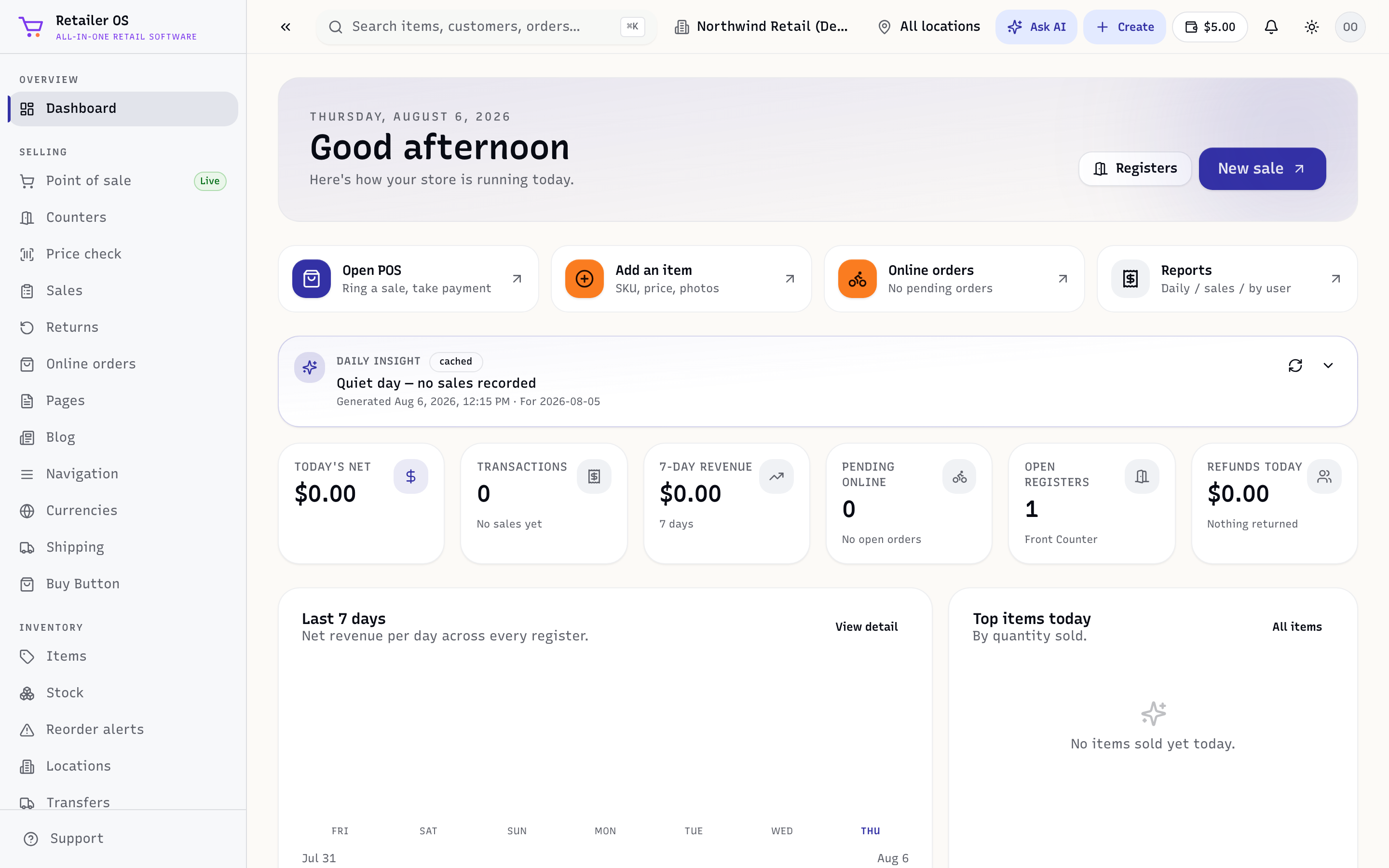 The Retailer OS dashboard with today's numbers, setup checklist, and quick actions