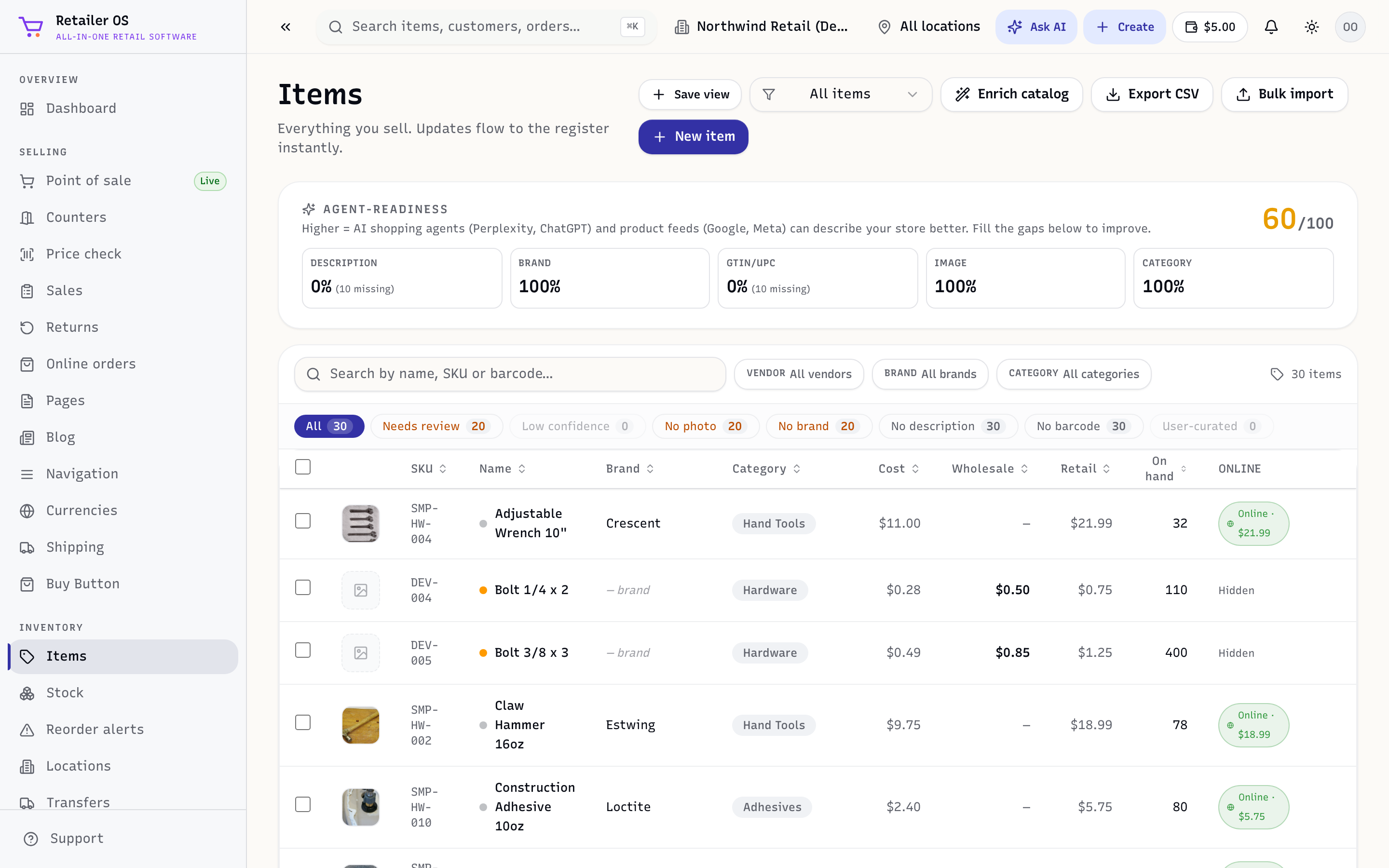 The Items list showing products with SKUs, prices, stock, and online status