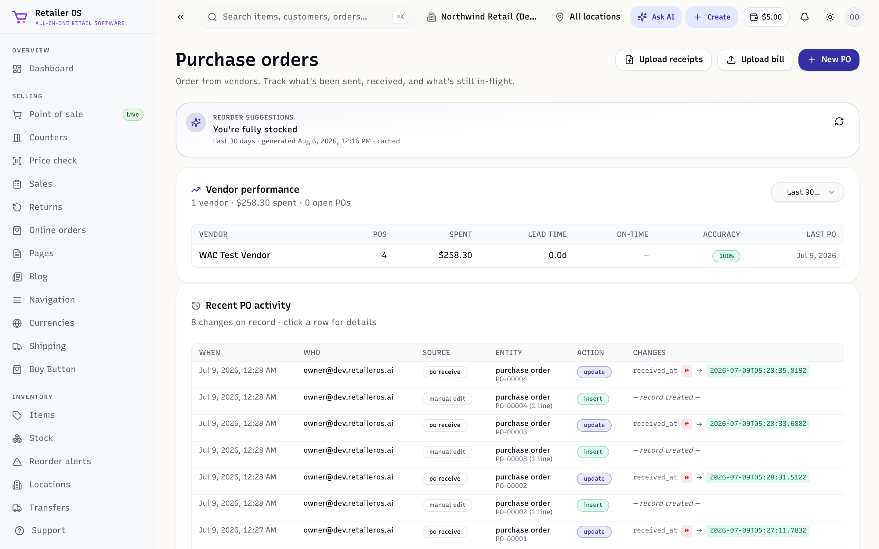 Purchase orders in Retailer OS