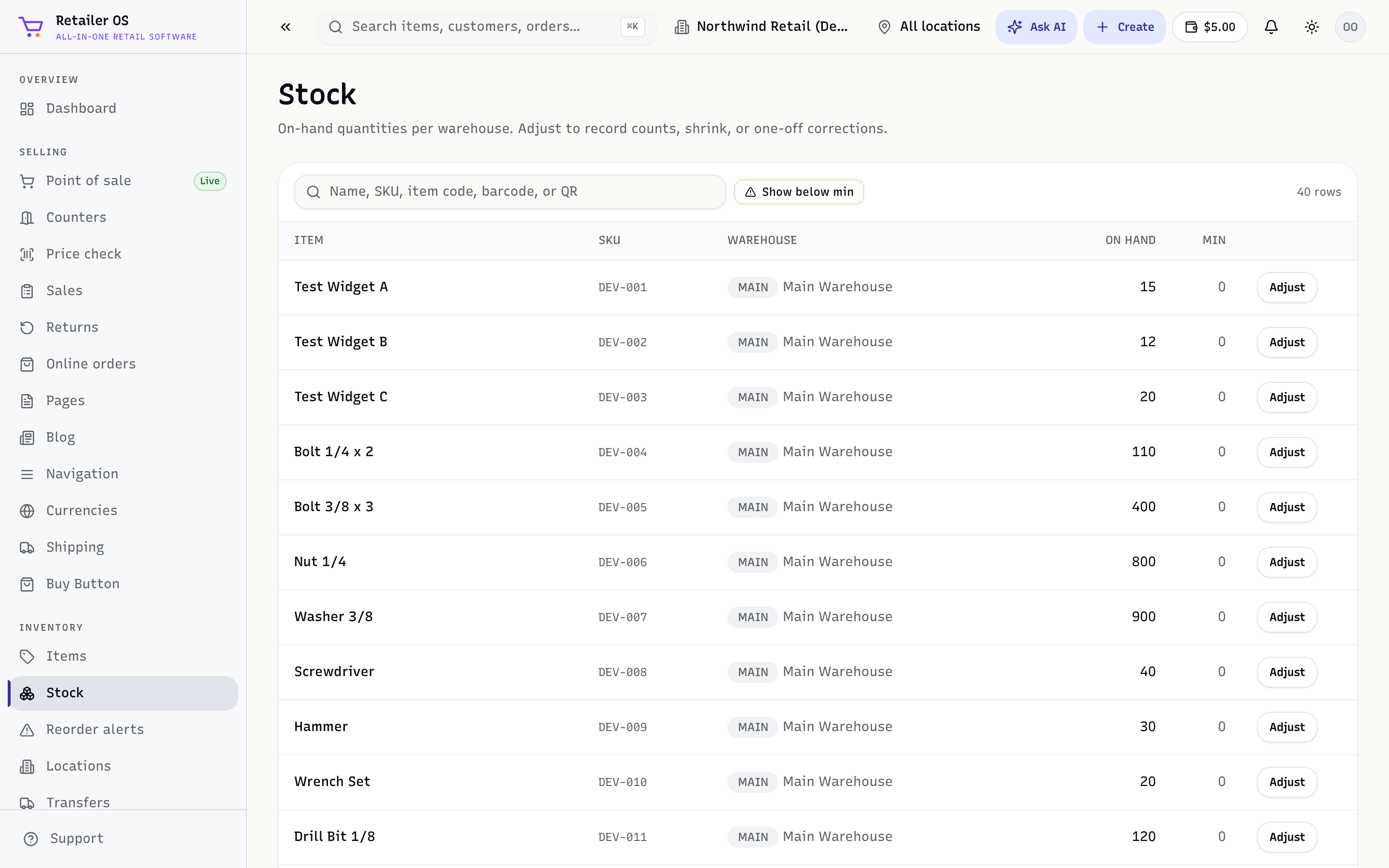 The Stock screen showing live balances per item and location