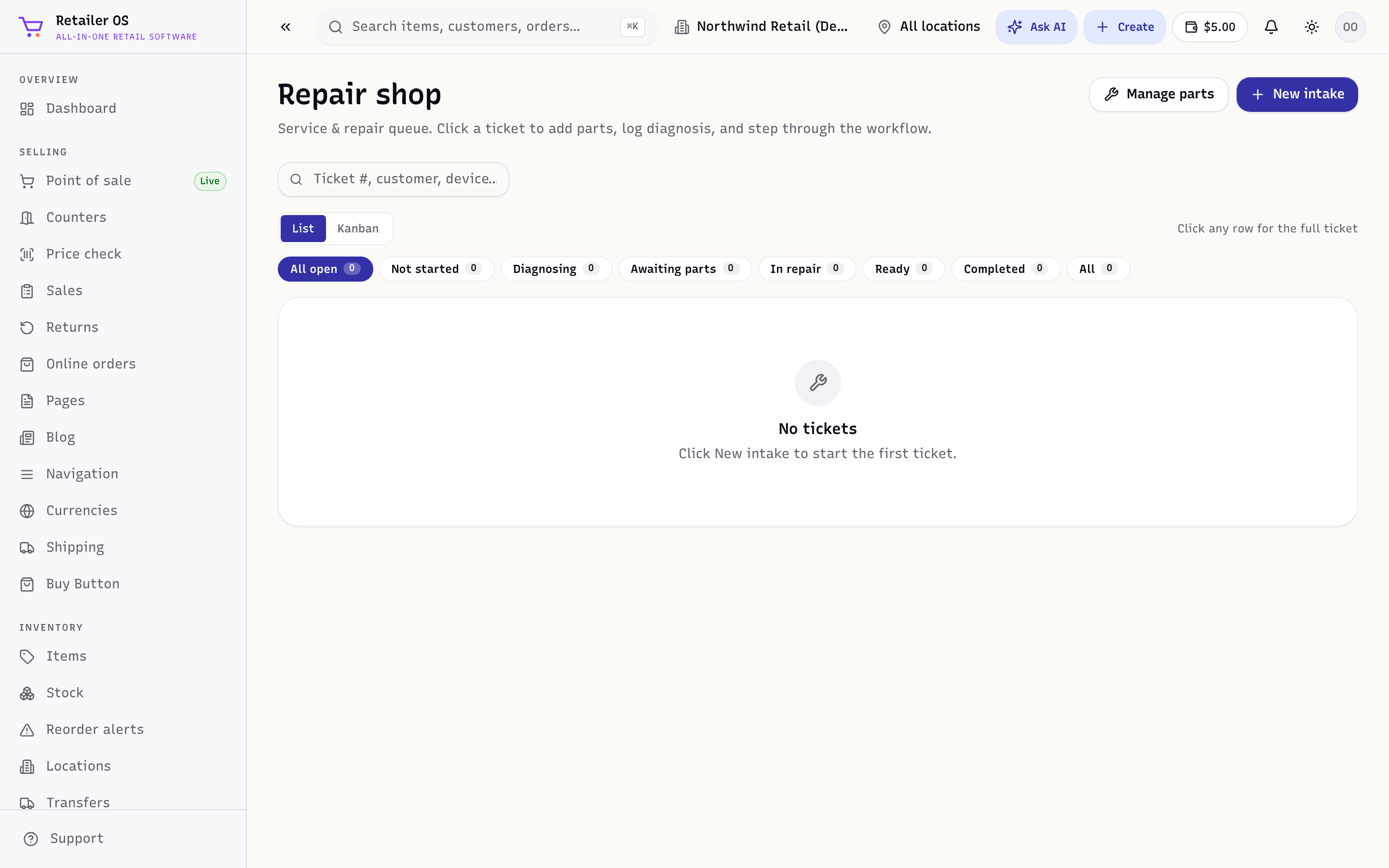The Repair shop screen — one of the Operations tools