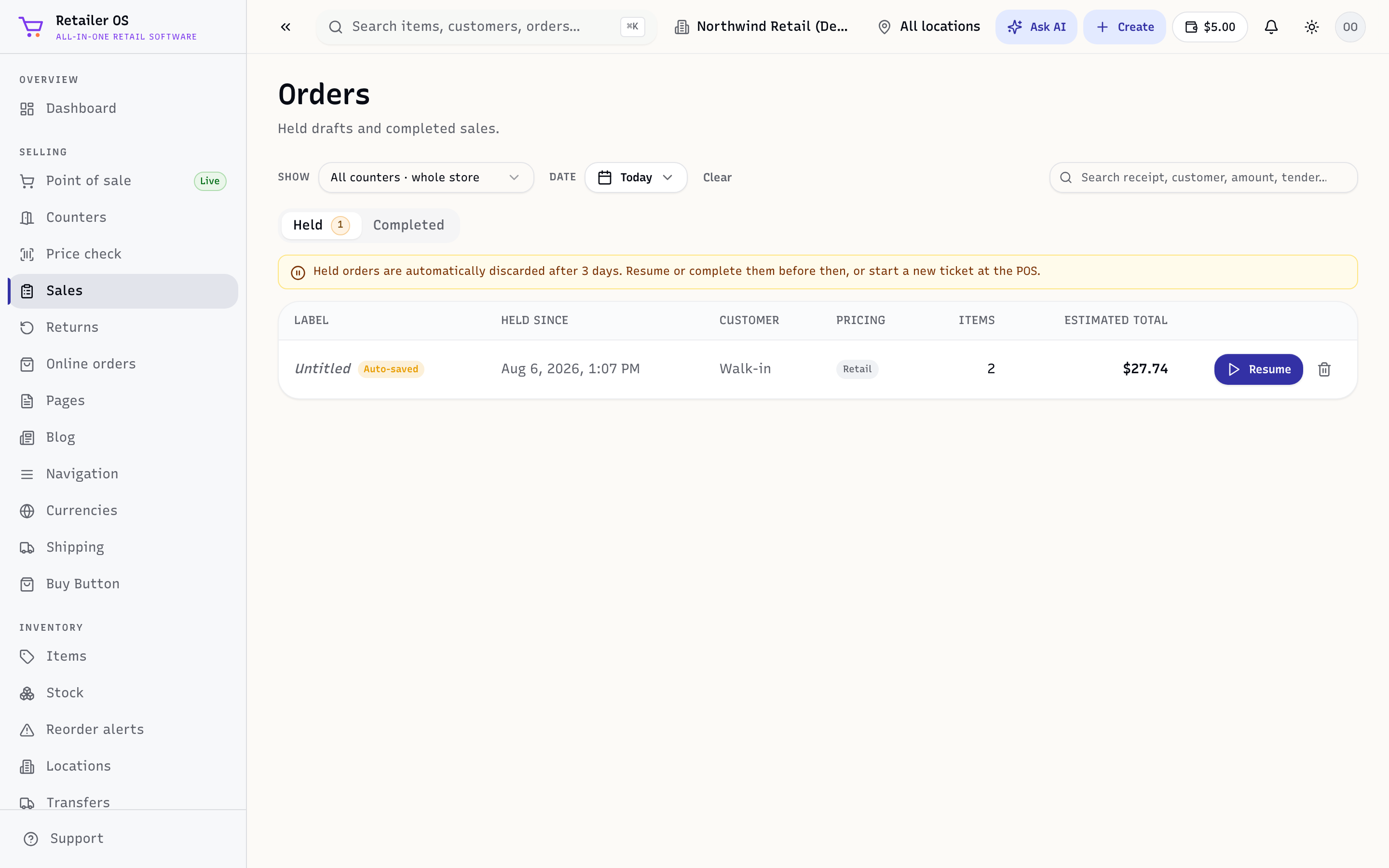 The Sales list showing completed sales across channels