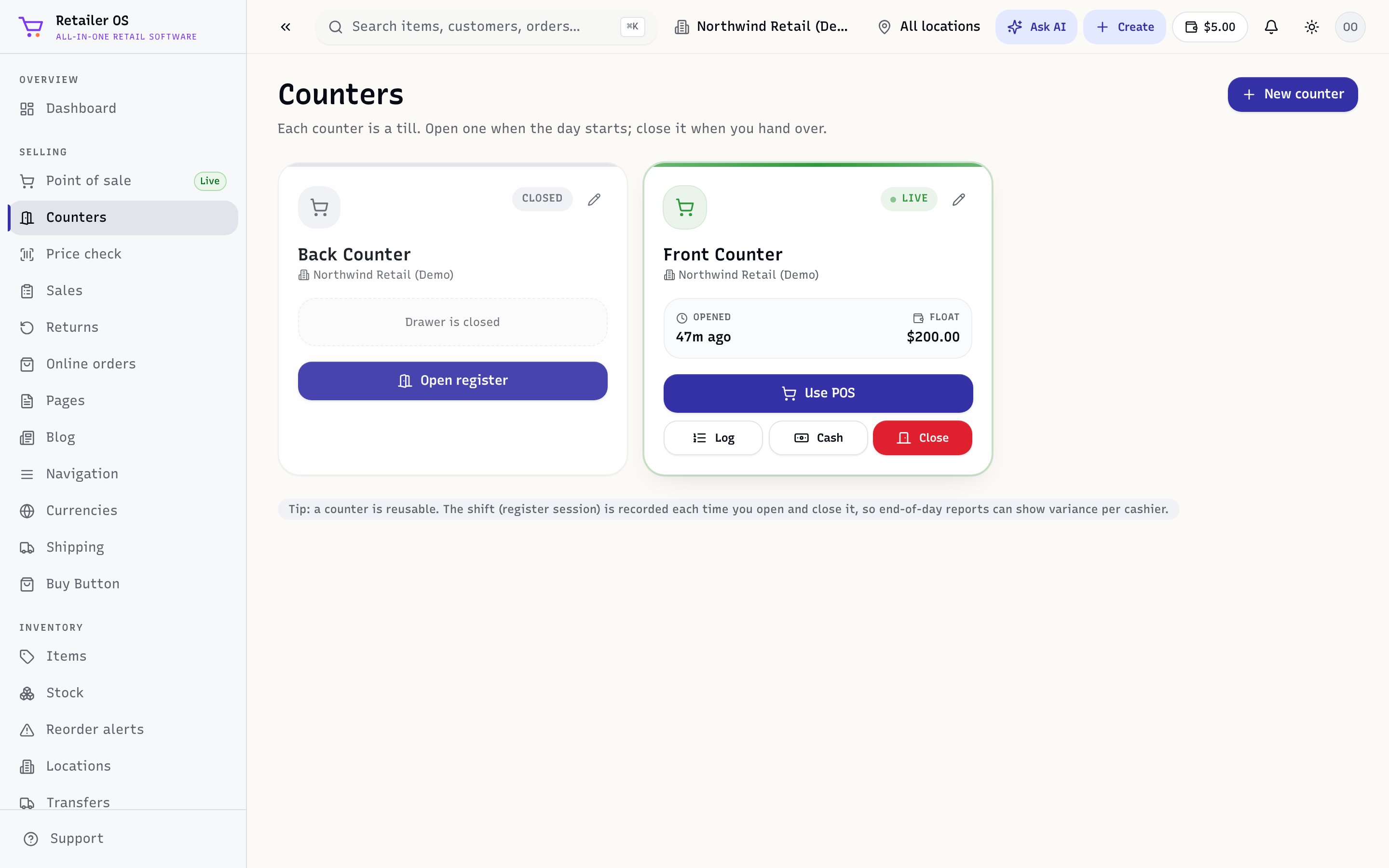 The Counters screen showing registers and their open/closed status