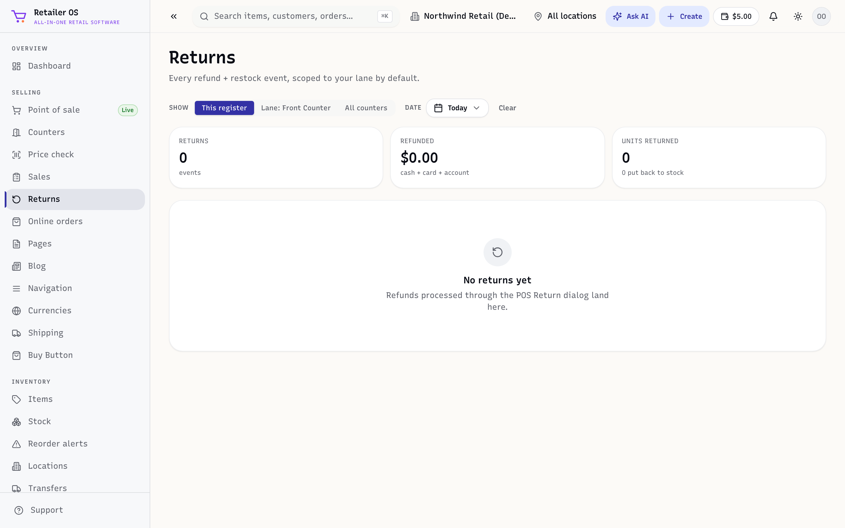 The Returns screen for taking items back and issuing refunds