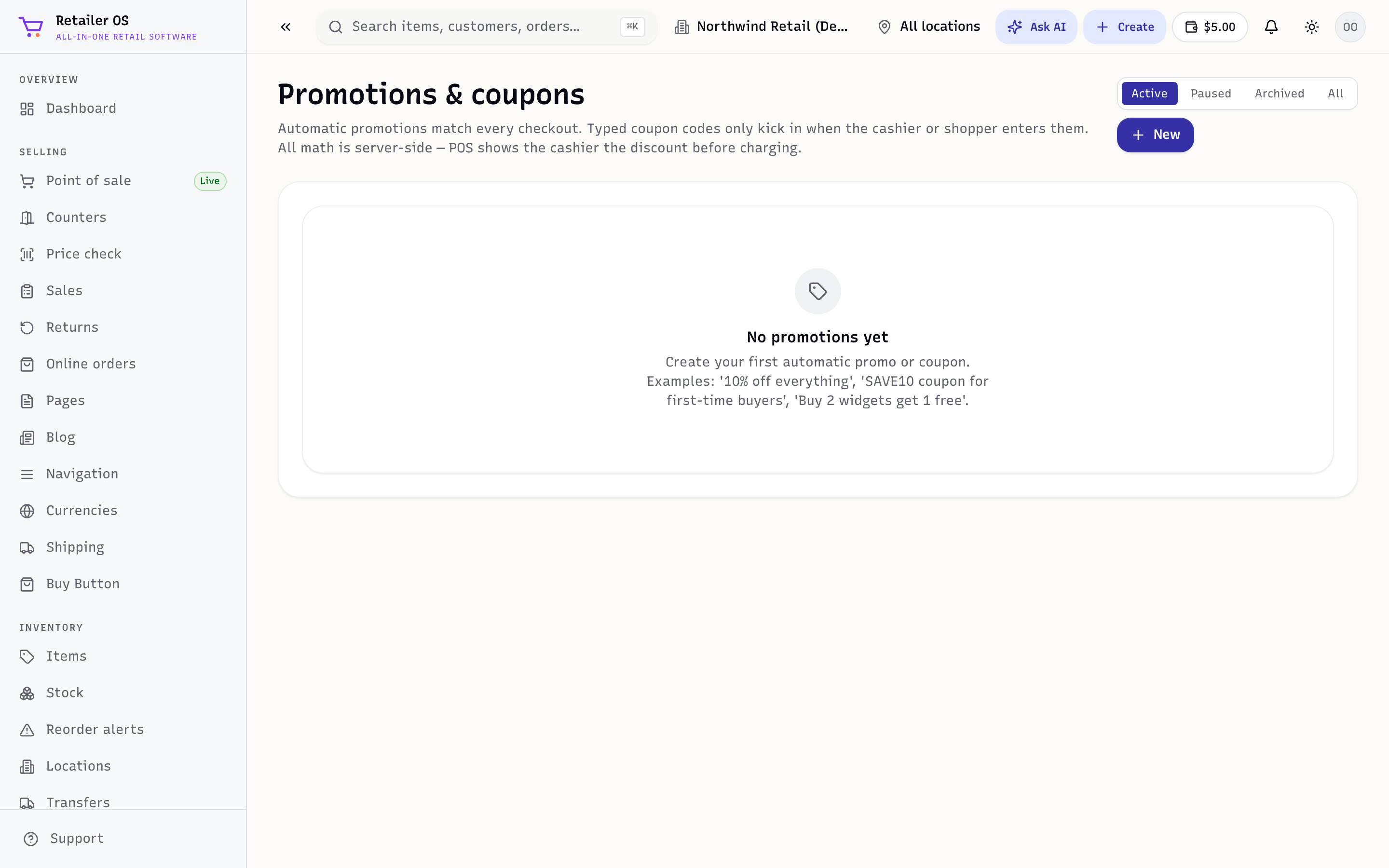 The Coupons & promotions screen