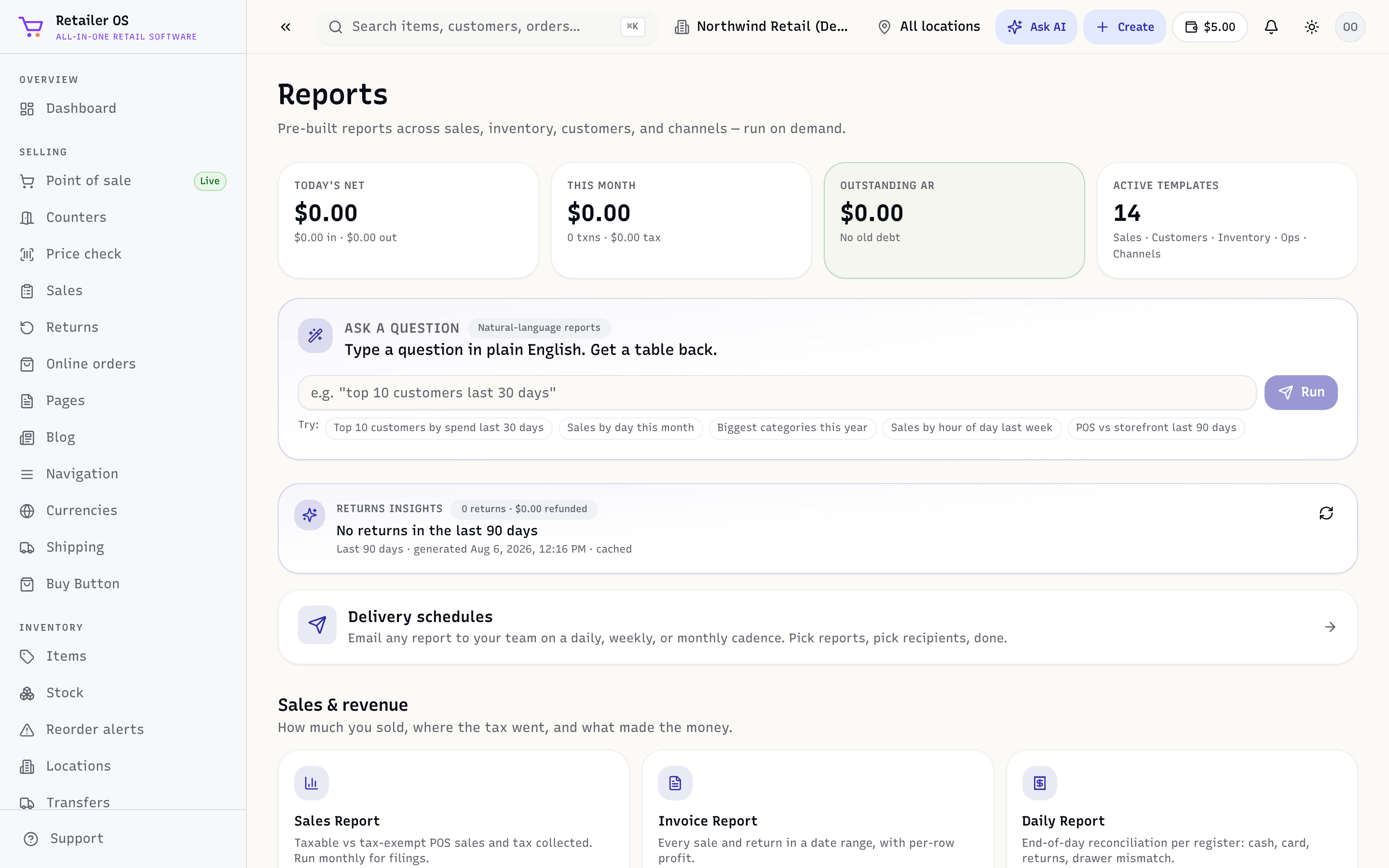 The Reports hub with sales, inventory, customer, and team reports